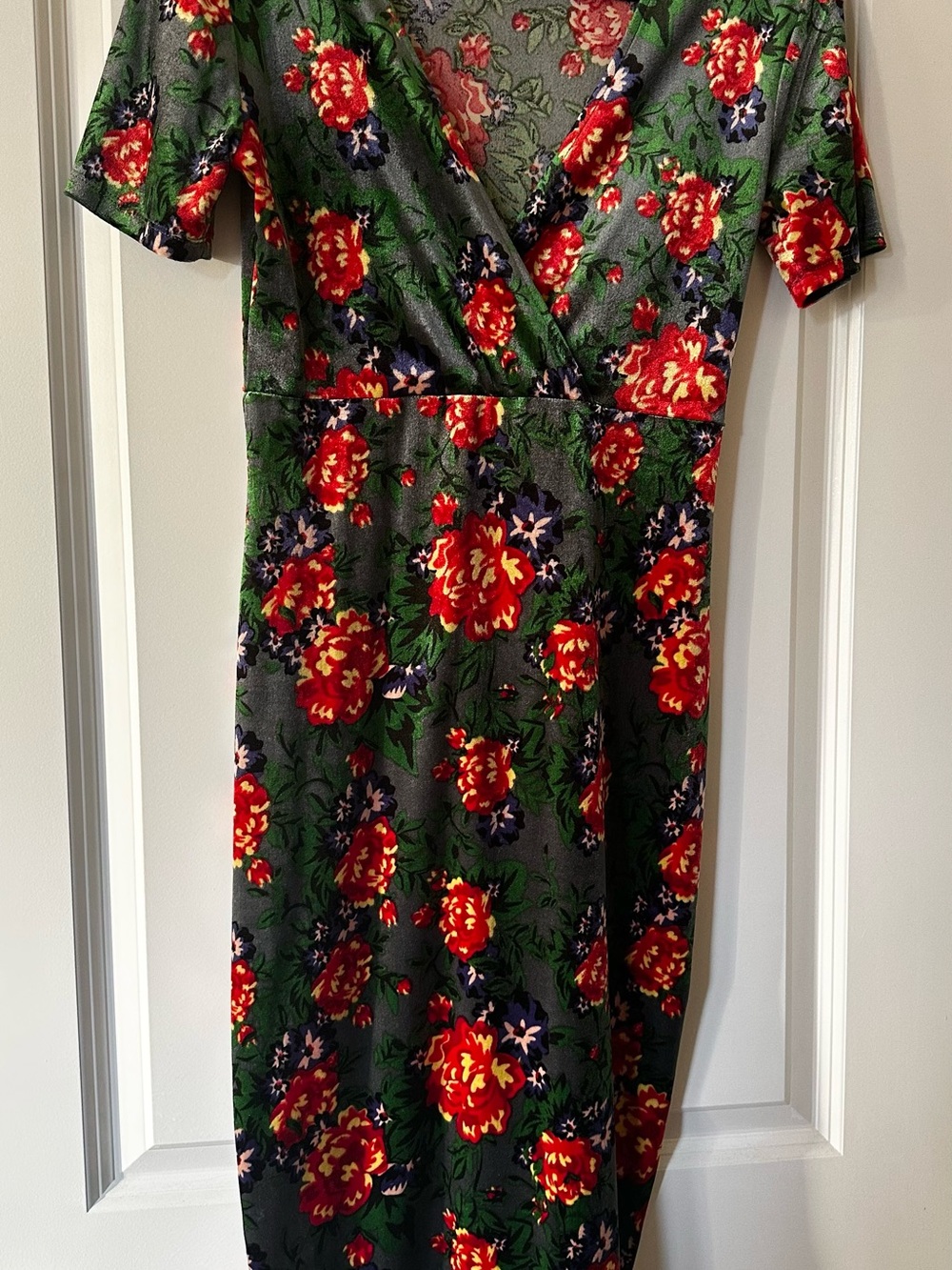 Floral Wrap-Front Midi Dress in Red, Green, & Blue